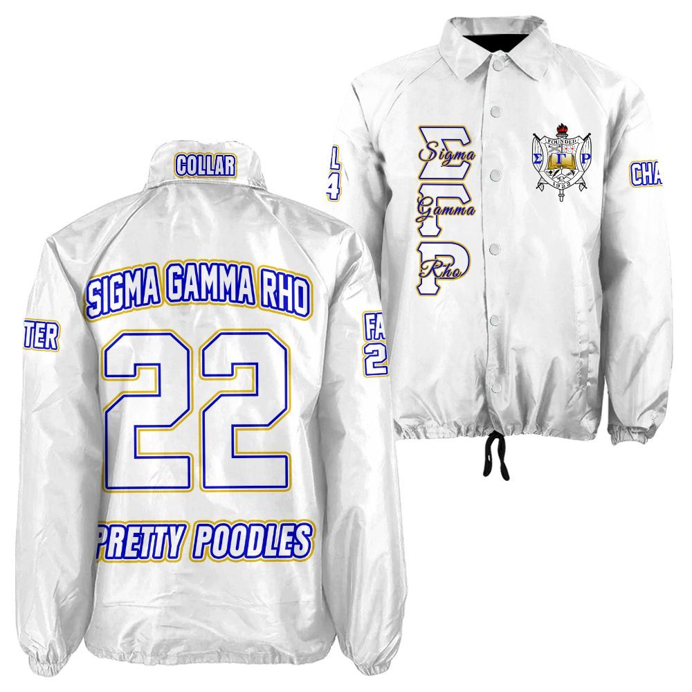 Sigma Gamma Rho White Coach Jacket – Custom Embroidered SGRho Crossing Jacket