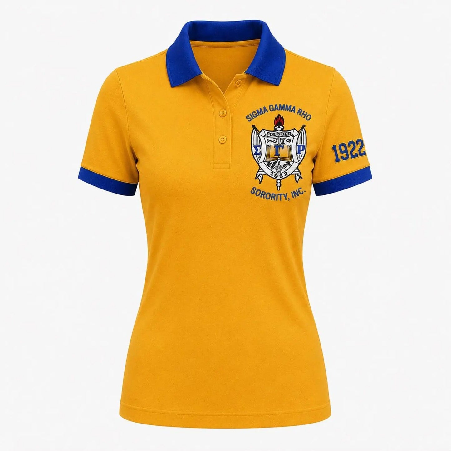 Sigma Gamma Rho Women's Gold Polo Shirt | Embroidered Crest & 1922 Sleeve