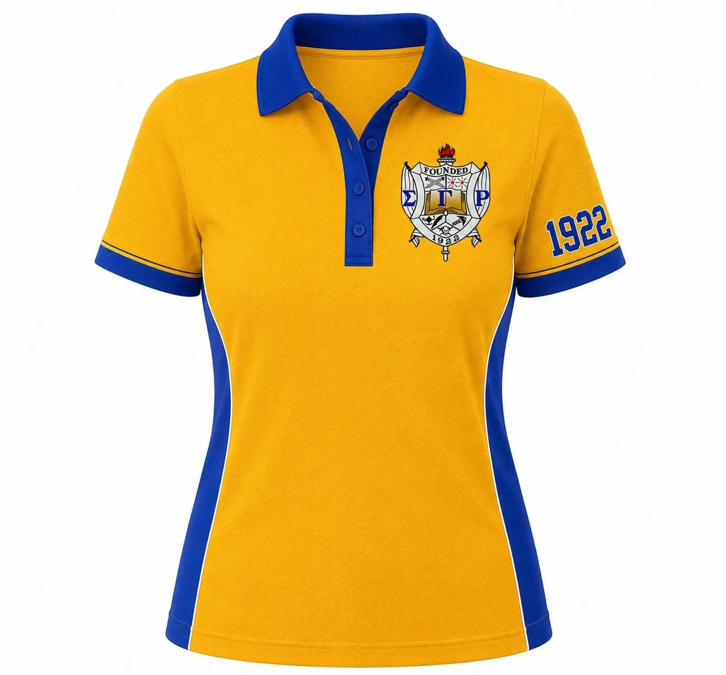 Sigma Gamma Rho Women's Gold & Royal Blue Performance Polo Shirt | Embroidered Crest & 1922 Sleeve