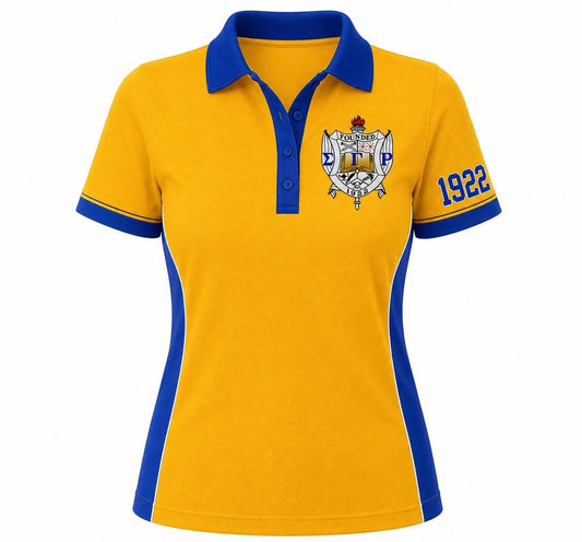 Sigma Gamma Rho Women's Gold & Royal Blue Performance Polo Shirt | Embroidered Crest & 1922 Sleeve