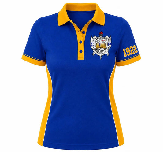 Sigma Gamma Rho Women's Royal Blue & Gold Performance Polo Shirt | Embroidered Crest & 1922 Sleeve