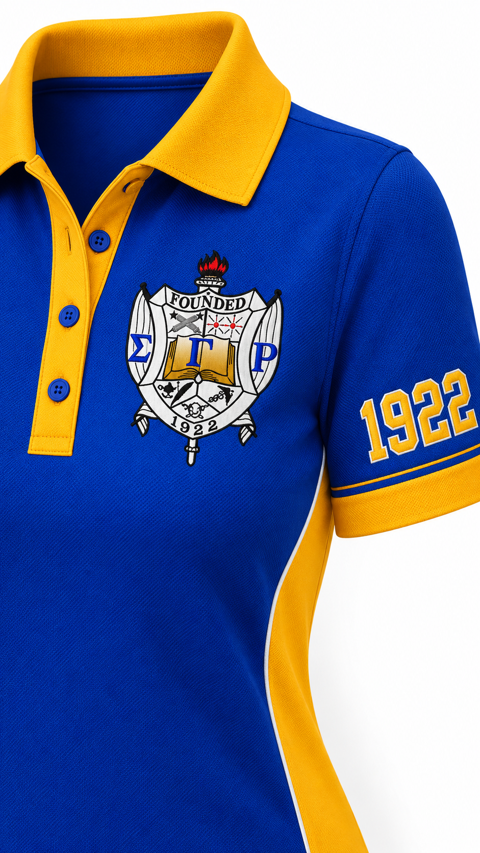 Angled front view of Sigma Gamma Rho blue and gold polo with embroidered crest and 1922 sleeve
