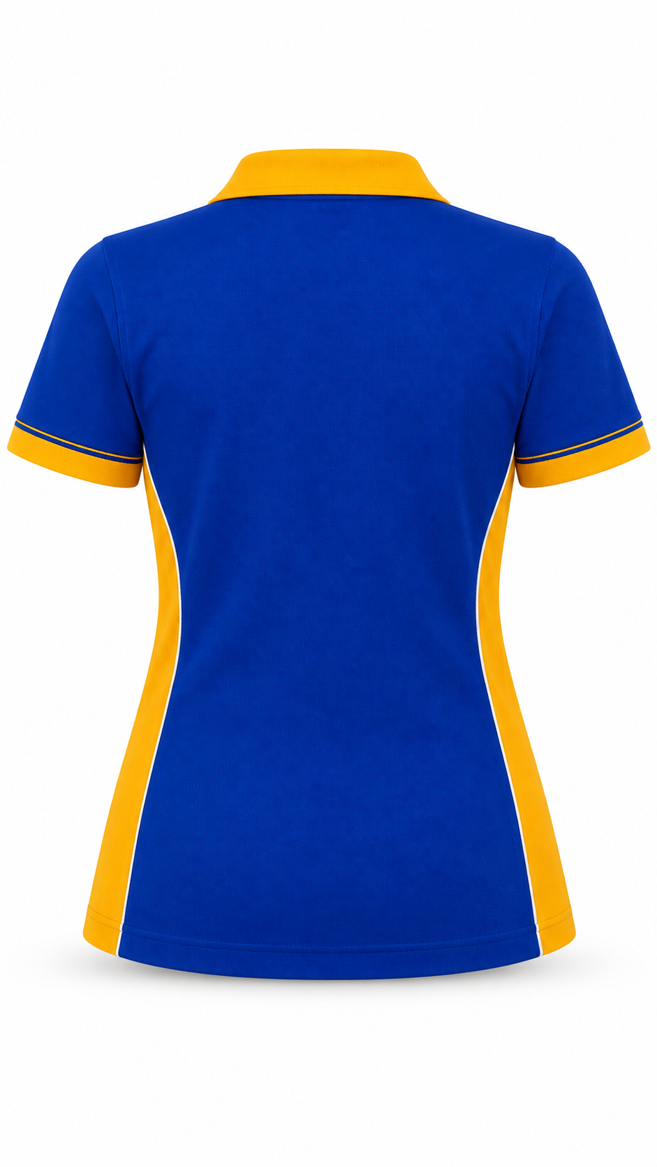 Back view of Sigma Gamma Rho royal blue performance polo with gold collar, cuffs and side panels