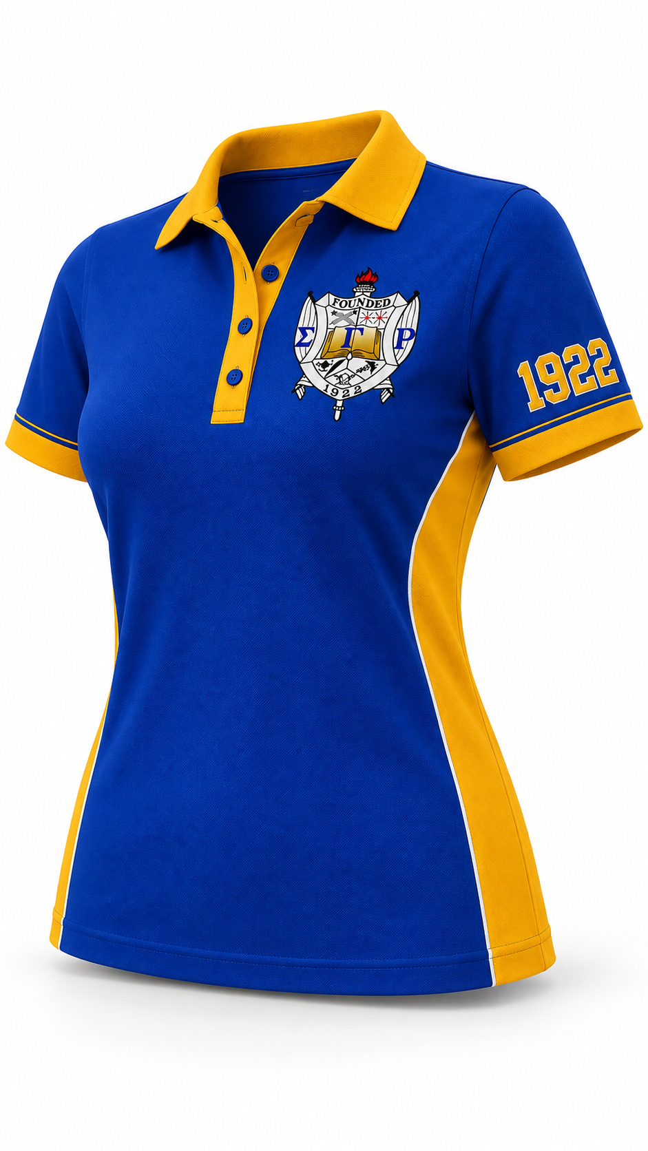 Three-quarter front view of Sigma Gamma Rho royal blue and gold polo with crest and 1922 embroidery