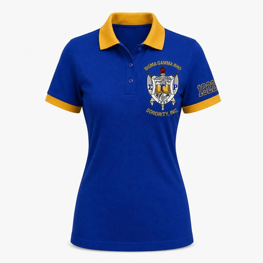 Sigma Gamma Rho Women's Royal Blue & Gold Polo Shirt | Embroidered Crest & 1922 Sleeve