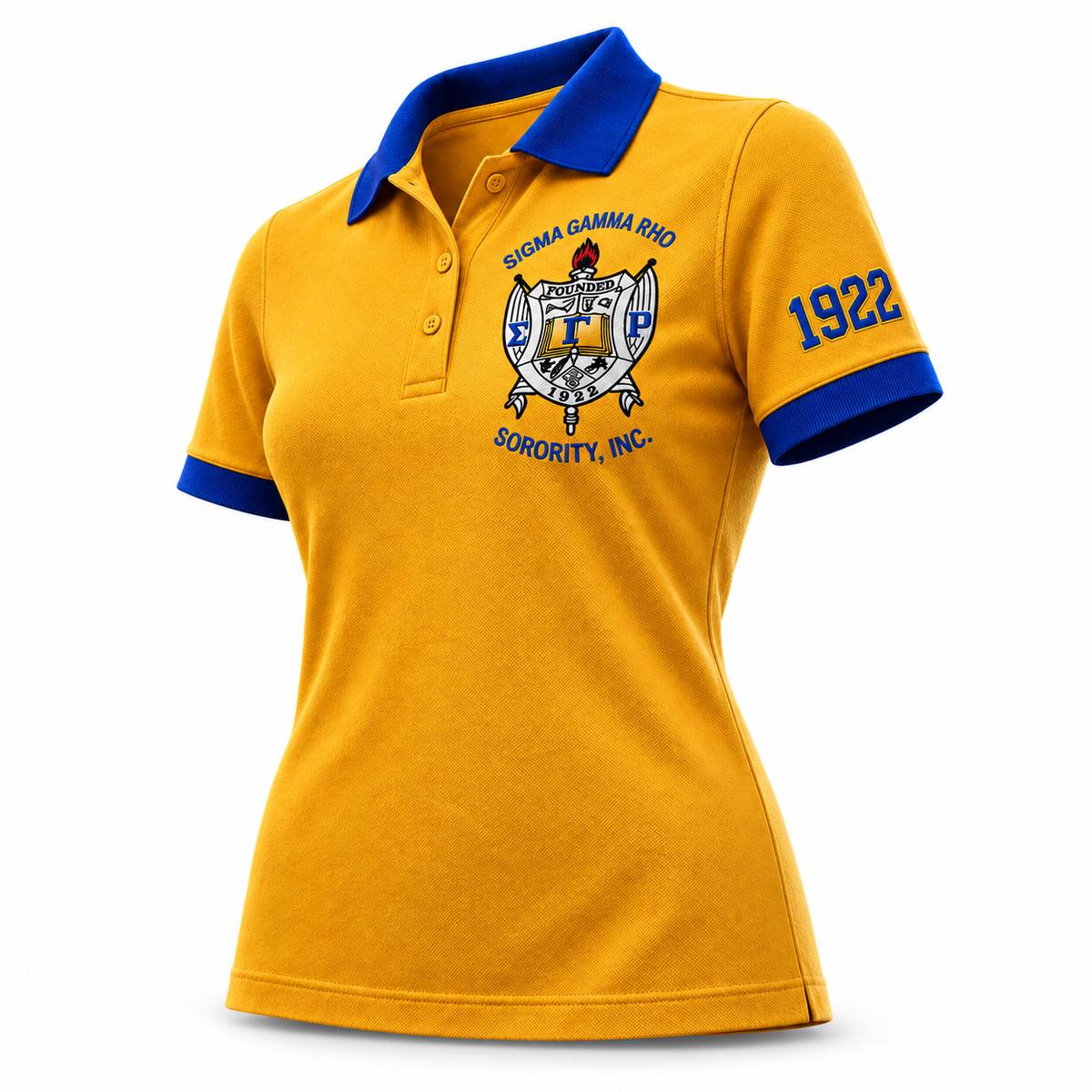 sigma gamma rho yellow and blue polo shirt