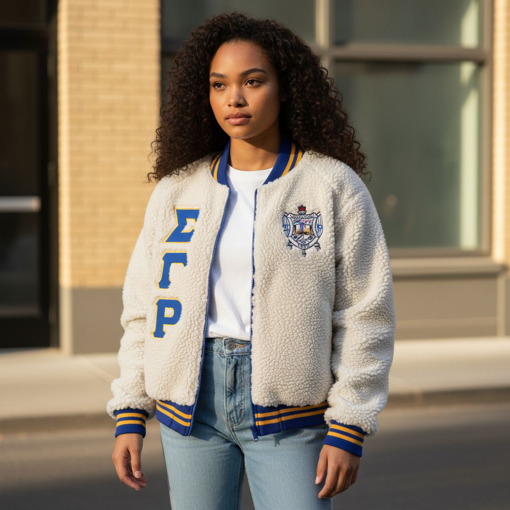 Full-length view of a model wearing the SGRho Sherpa Bomber Jacket. The jacket is made from warm, white, ultra-soft sherpa material with a classic bomber design, featuring embroidered appliqué logos and a comfortable, true-to-size fit.