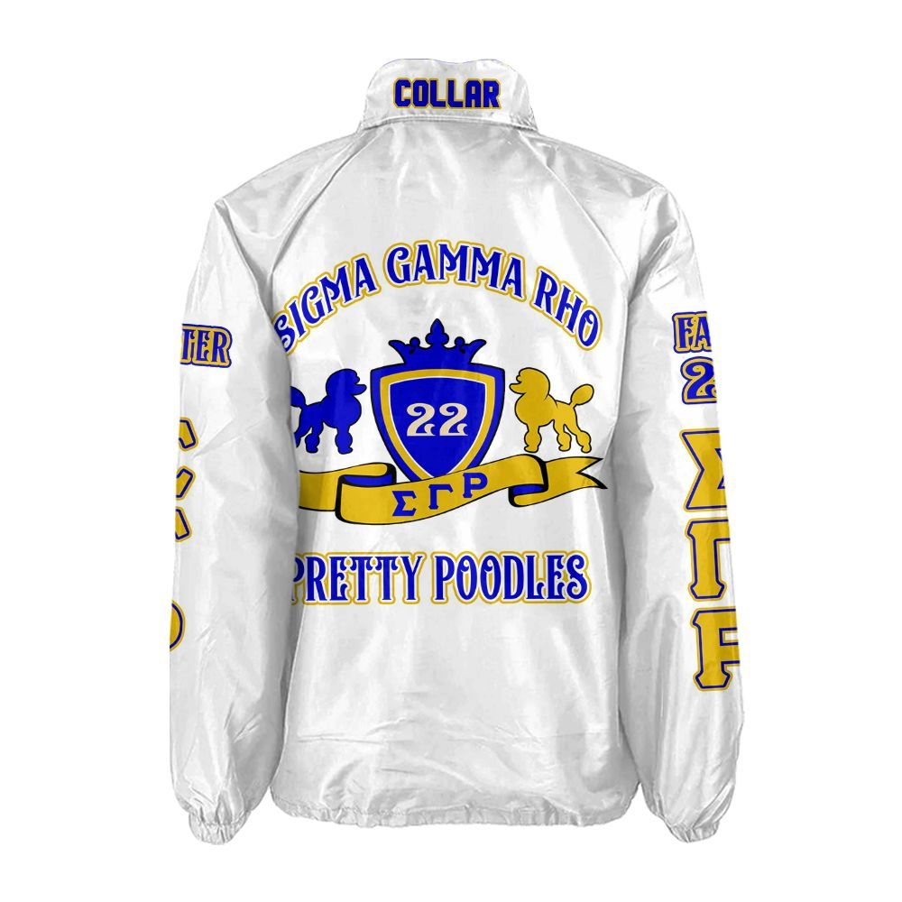White jacket with Sigma Gamma Rho fraternity symbols and text on a white background