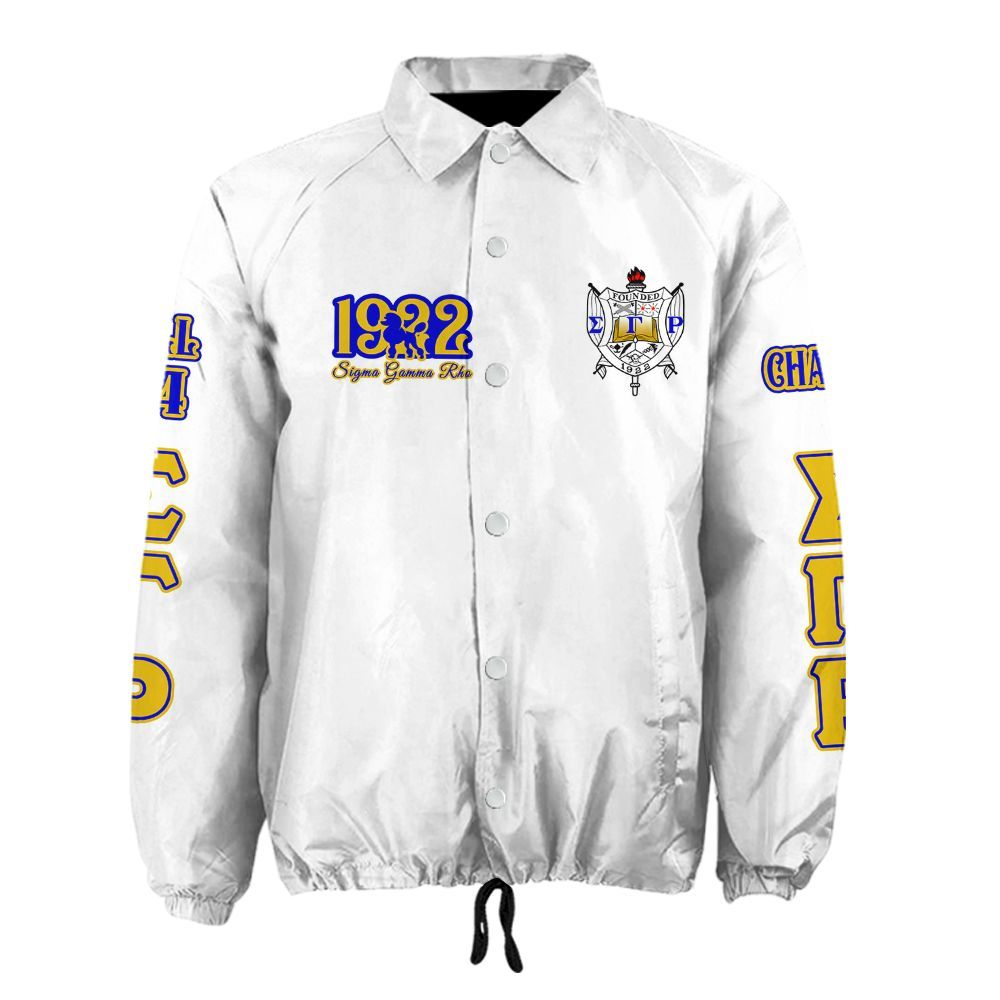 White jacket with logos and text on a white background