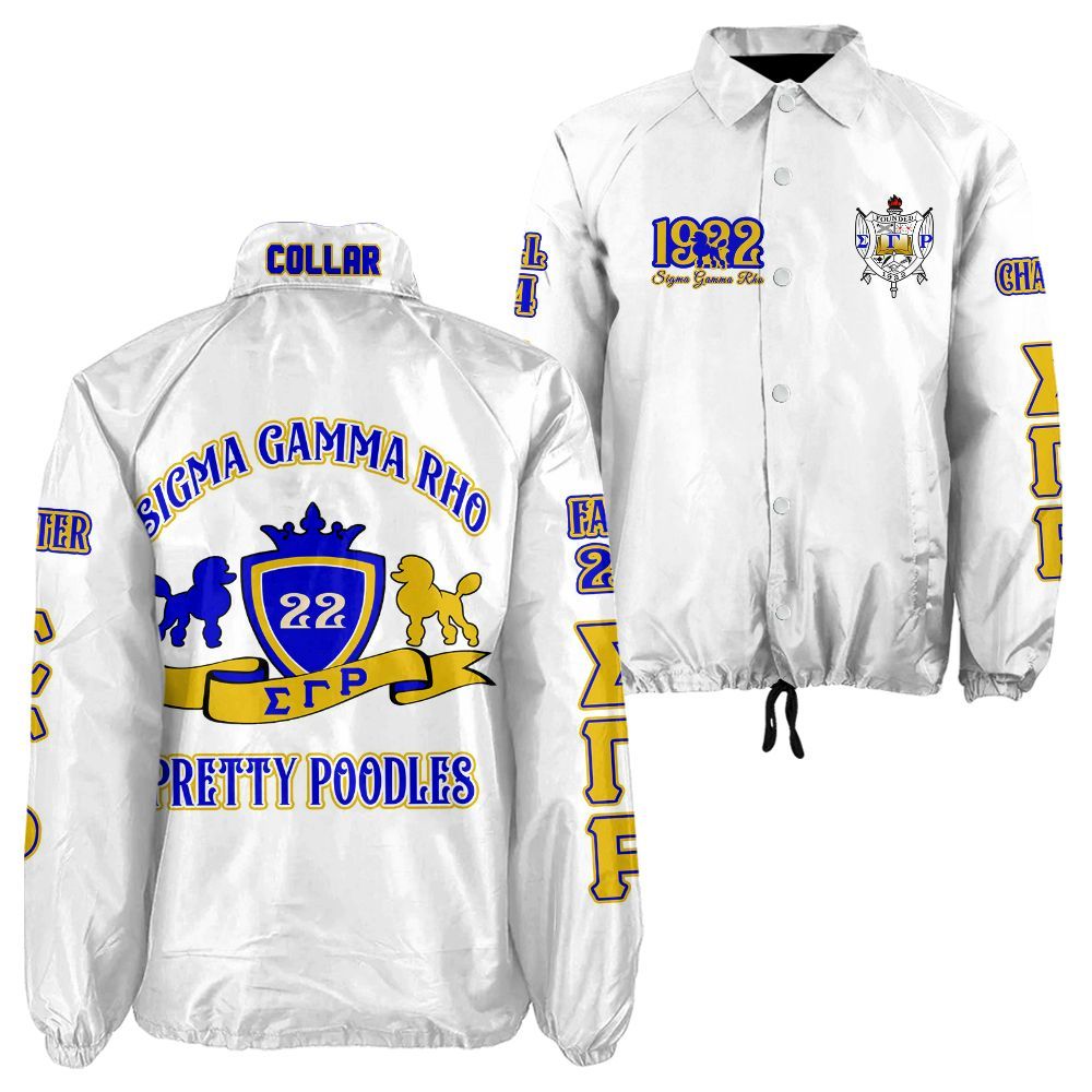 White jacket with Sigma Gamma Rho fraternity symbols and text on a white background