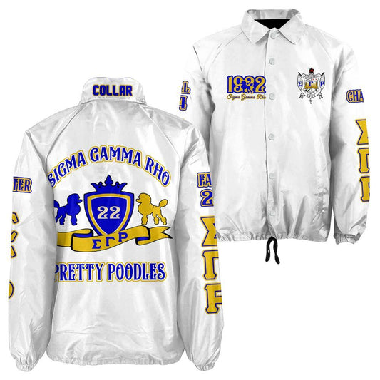 White jacket with Sigma Gamma Rho fraternity symbols and text on a white background