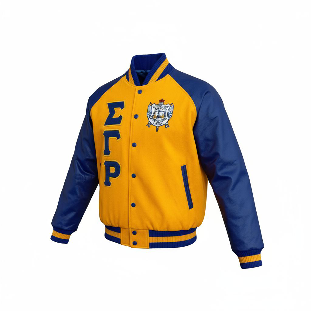 A close-up of the Sigma Gamma Rho (SGRho) Letterman Jacket showing the luxurious gold 100% cashmere wool body contrasting with the smooth 100% leather sleeves. Highlights the embroidered SGRho logo and custom ribbing.