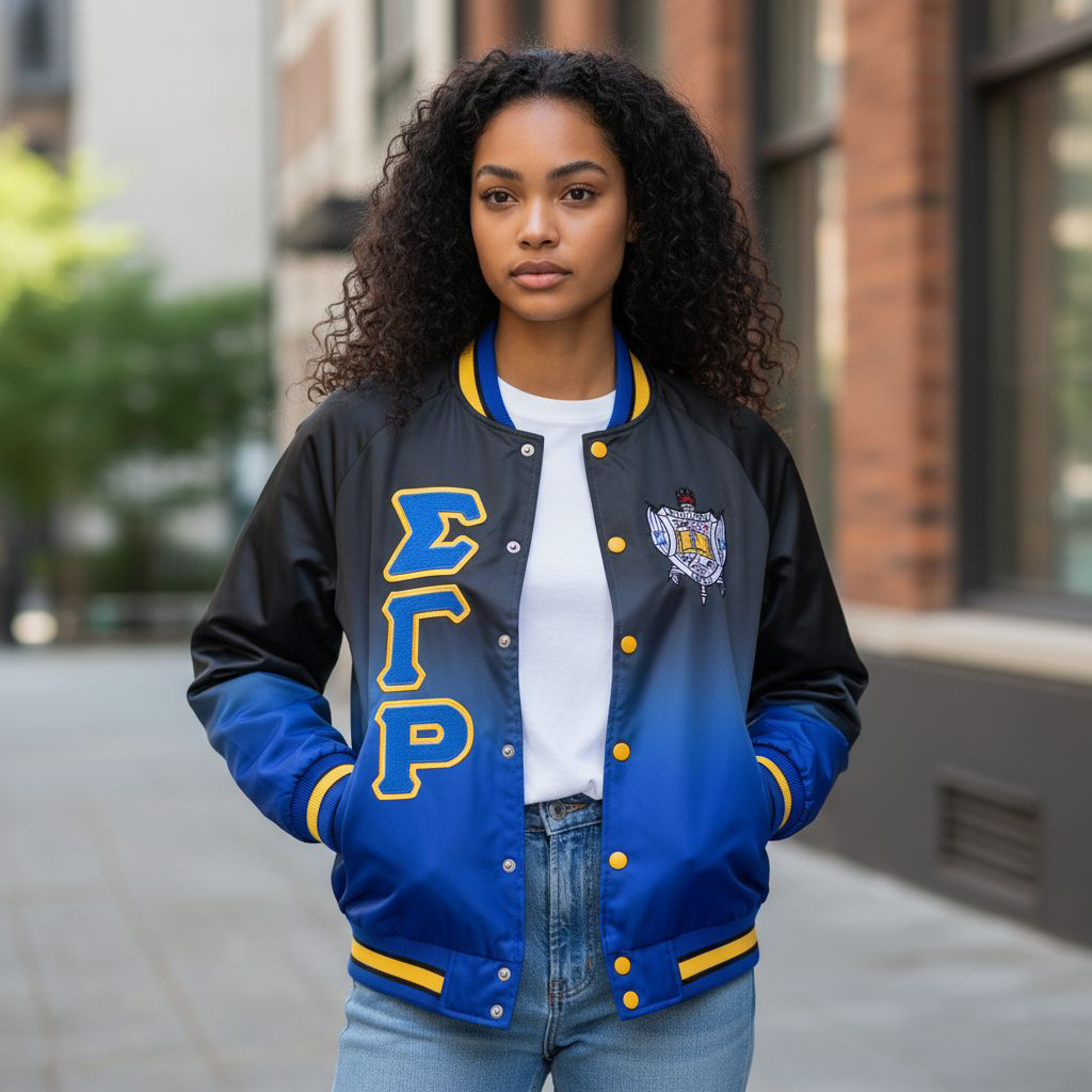 Full-length view of a model wearing the Black and Royal Blue Ombré SGRho Satin Bomber Jacket. The jacket features a smooth, eye-catching satin exterior, a warm quilted lining, and a classic bomber silhouette with a comfortable unisex fit.