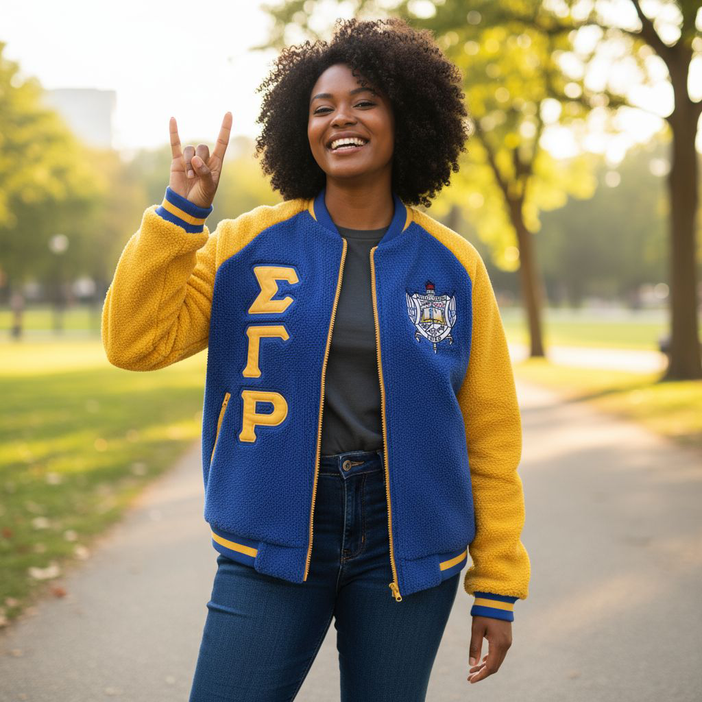 Full-length view of a model wearing the SGRho Reversible Sherpa Bomber Jacket. The jacket features premium sherpa material on one side and a smooth finish on the other, a classic bomber silhouette, and knit ribbing for a comfortable, unisex fit.