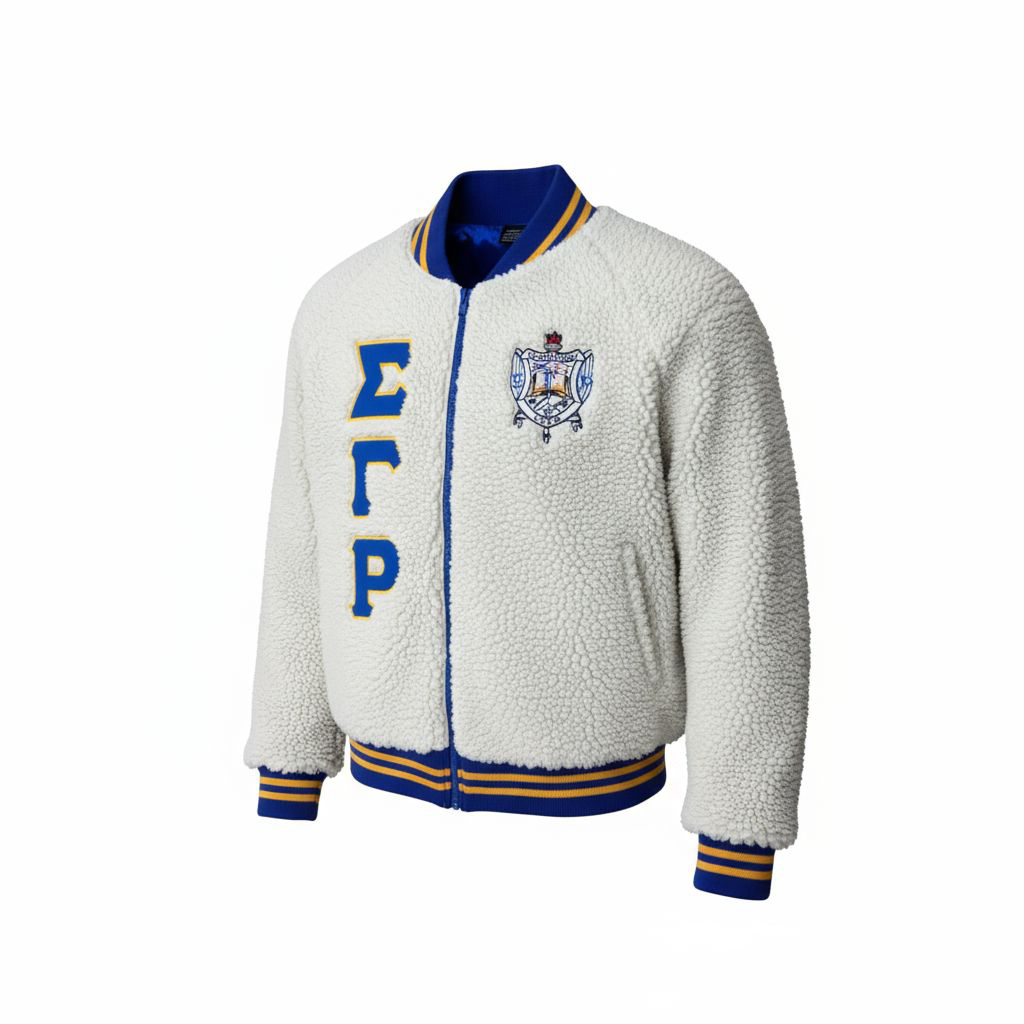 A close-up of the Sigma Gamma Rho (SGRho) Sherpa Bomber Jacket, showing the soft, plush texture of the sherpa material and the knit ribbed collar and cuffs of the unisex bomber silhouette.