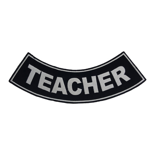 Teacher Bottom Rocker Patch - White on Black Iron On Sew On Large Back Patch for Biker Vest Jacket