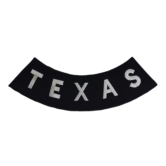 Texas Bottom Rocker Patch - White on Black Iron On Sew On Large Back Patch for Biker Vest Jacket