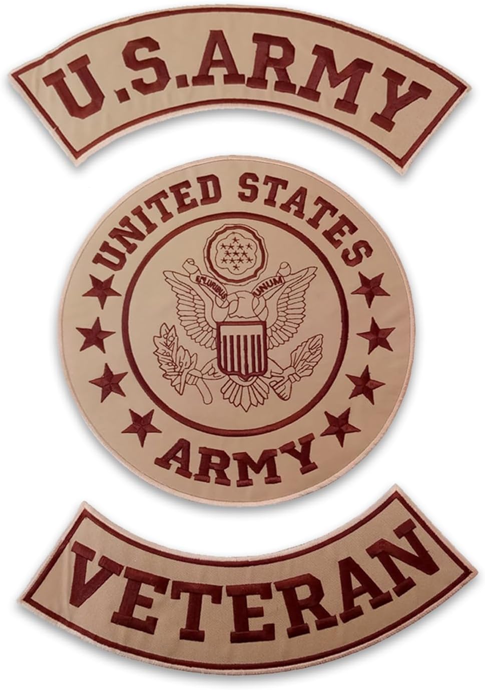 U.S Army Veteran Iron on 3 Large Back Patches Set for Biker Vest Jacket (Beige)
