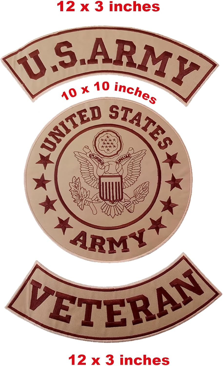 U.S Army Veteran Iron on 3 Large Back Patches Set for Biker Vest Jacket (Beige)