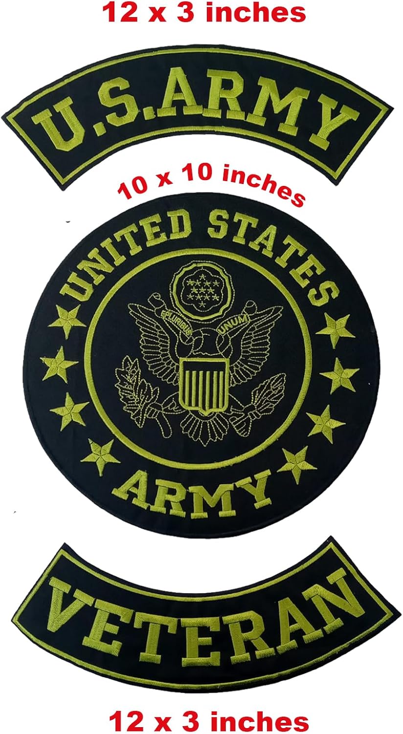 U.S Army Veteran Patches - Green on Black Iron On 3 Large Back Patches Set for Biker Vest Jacket