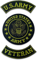 U.S Army Veteran Patches - Green on Black Iron On 3 Large Back Patches Set for Biker Vest Jacket