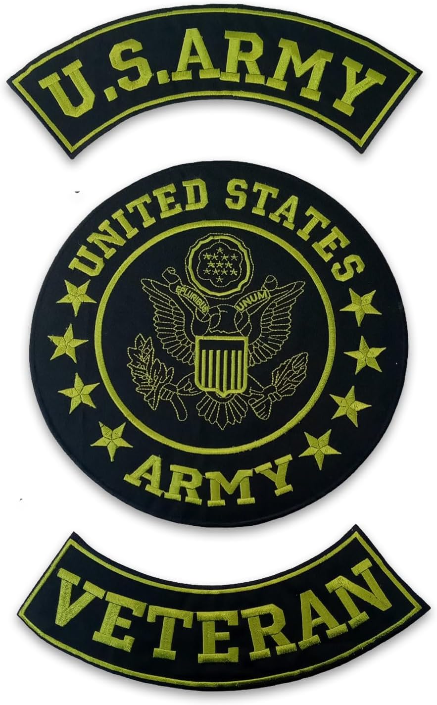 U.S Army Veteran Patches - Green on Black Iron On 3 Large Back Patches Set for Biker Vest Jacket