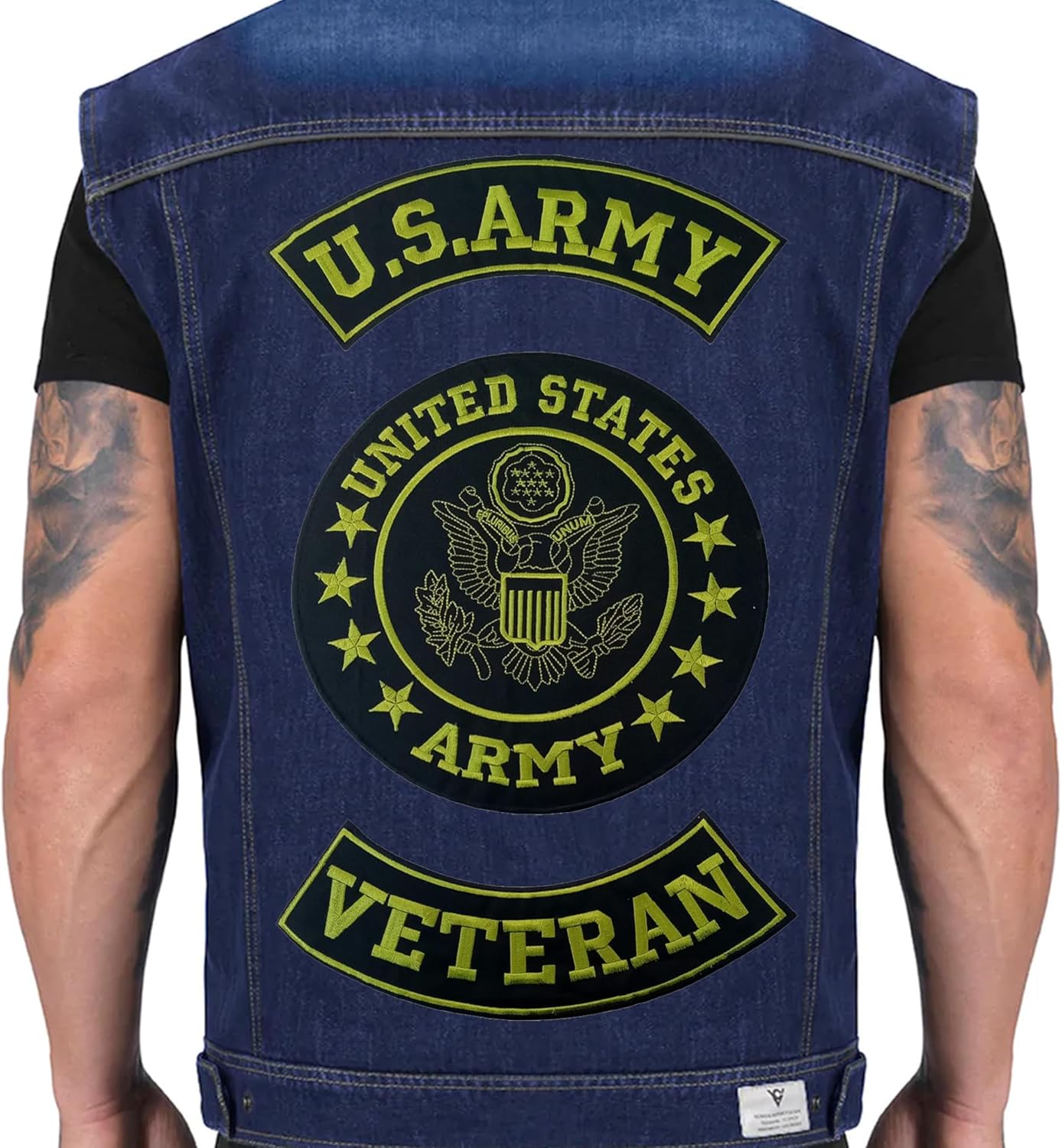 U.S Army Veteran Patches - Green on Black Iron On 3 Large Back Patches Set for Biker Vest Jacket