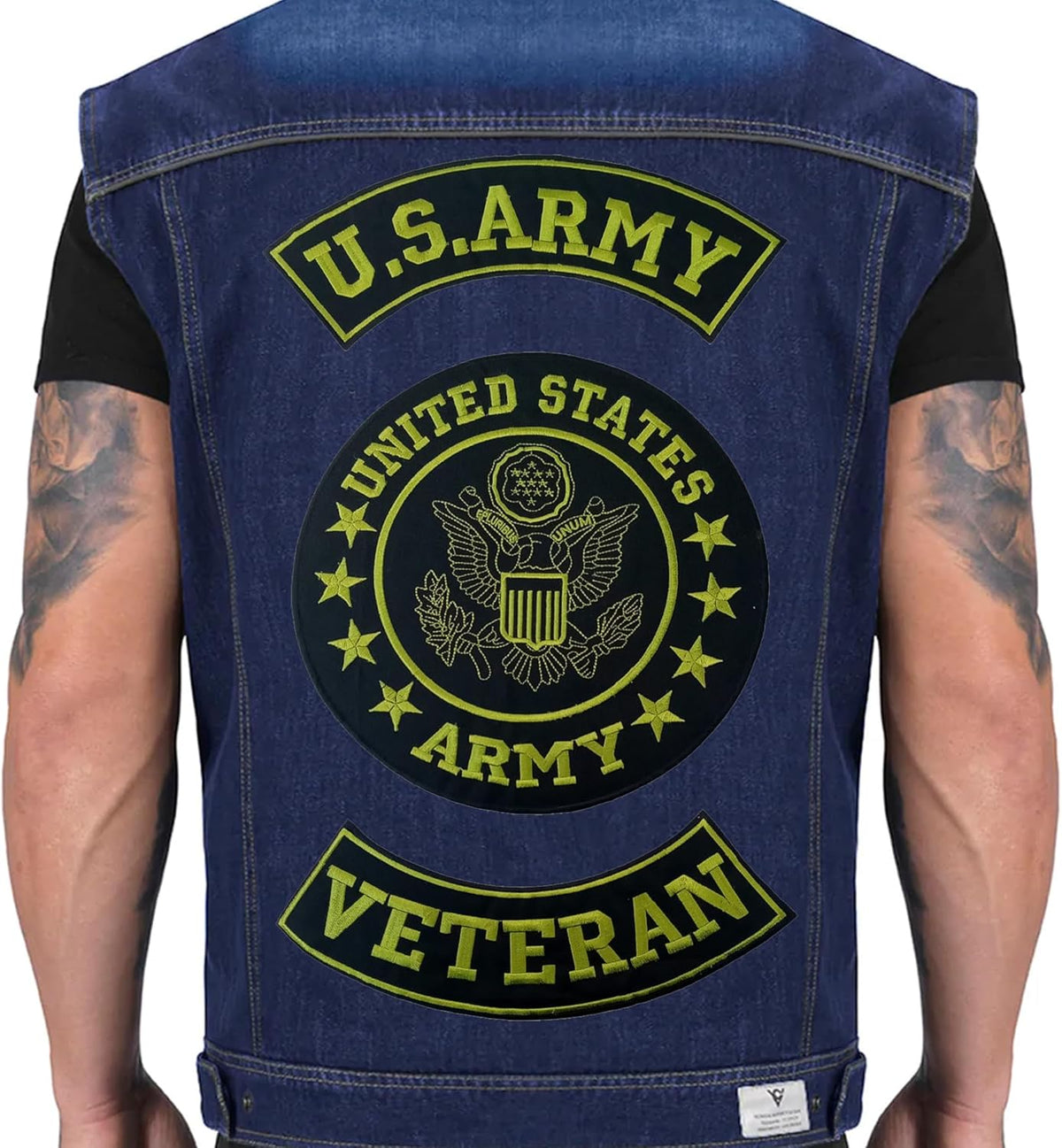 U.S Army Veteran Patches - Green on Black Iron On 3 Large Back Patches Set for Biker Vest Jacket