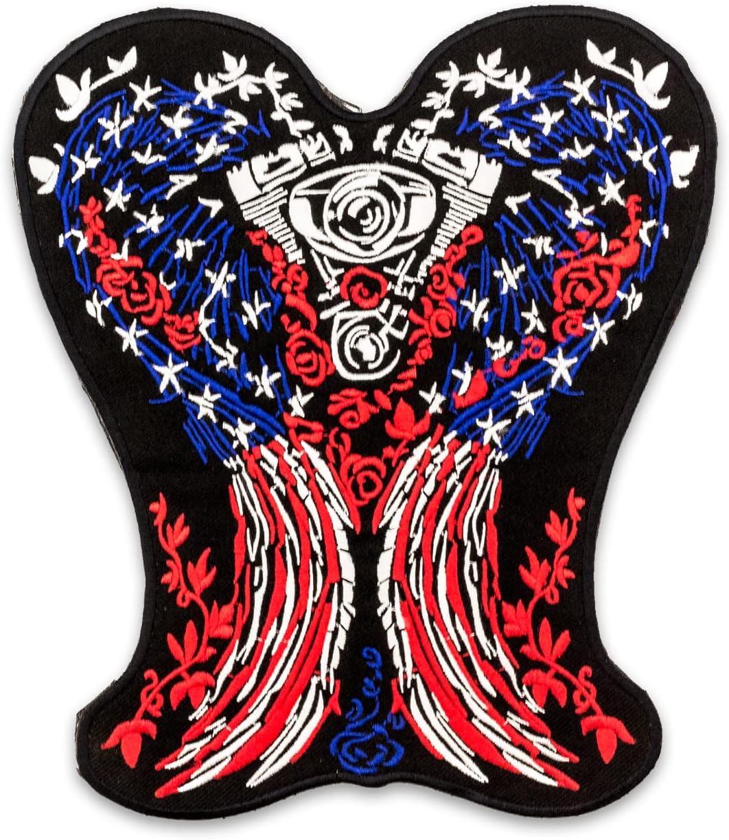 US Flag Angel Wings Center Back Patch - Round USA Patriotic for Biker Vest Jacket