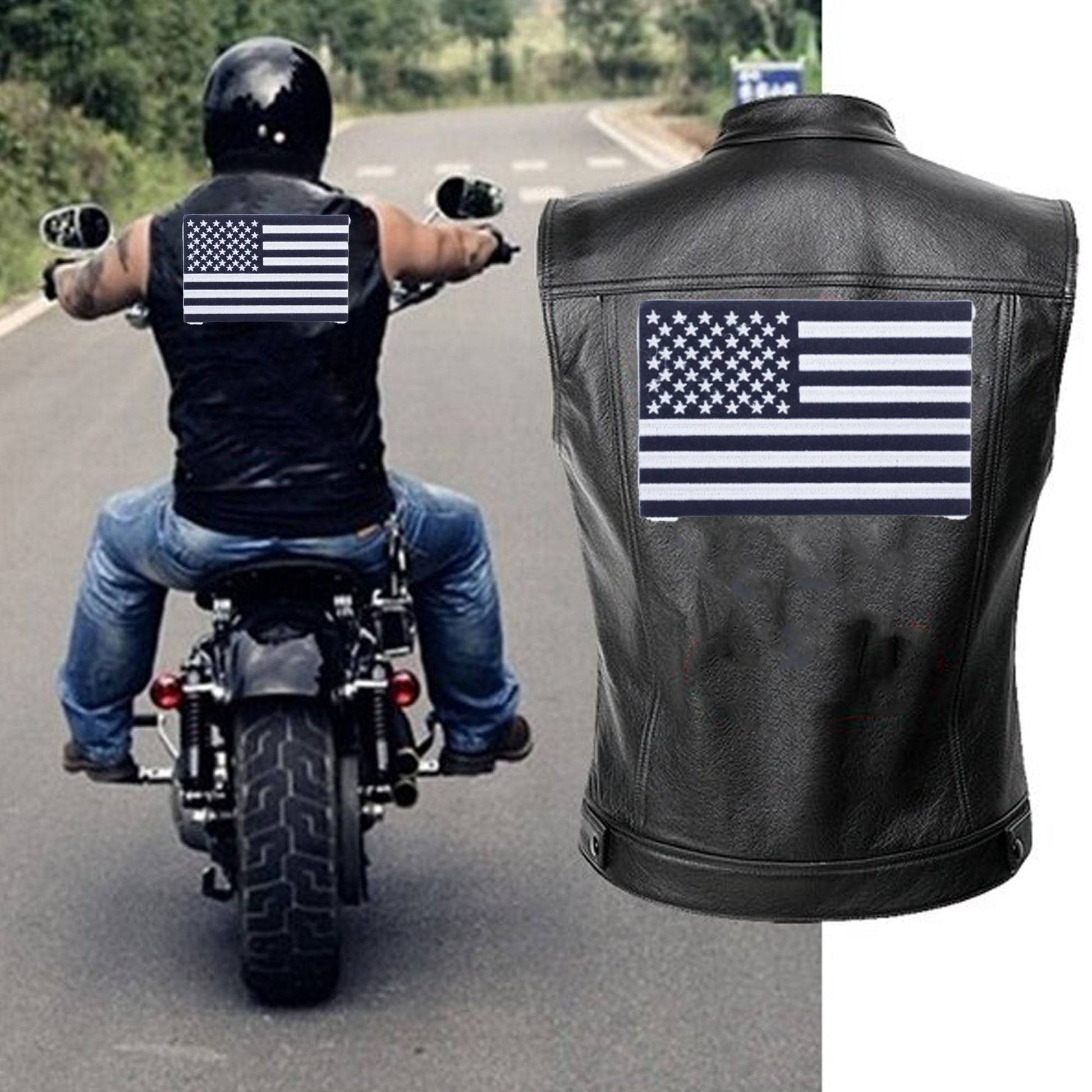 USA Flag Center Back Patch - Black on White USA Patriotic for Biker Vest Jacket
