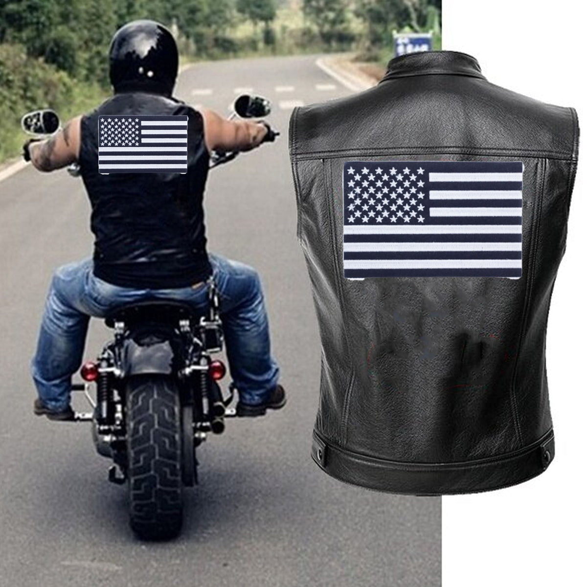 USA Flag Center Back Patch - Black on White USA Patriotic for Biker Vest Jacket