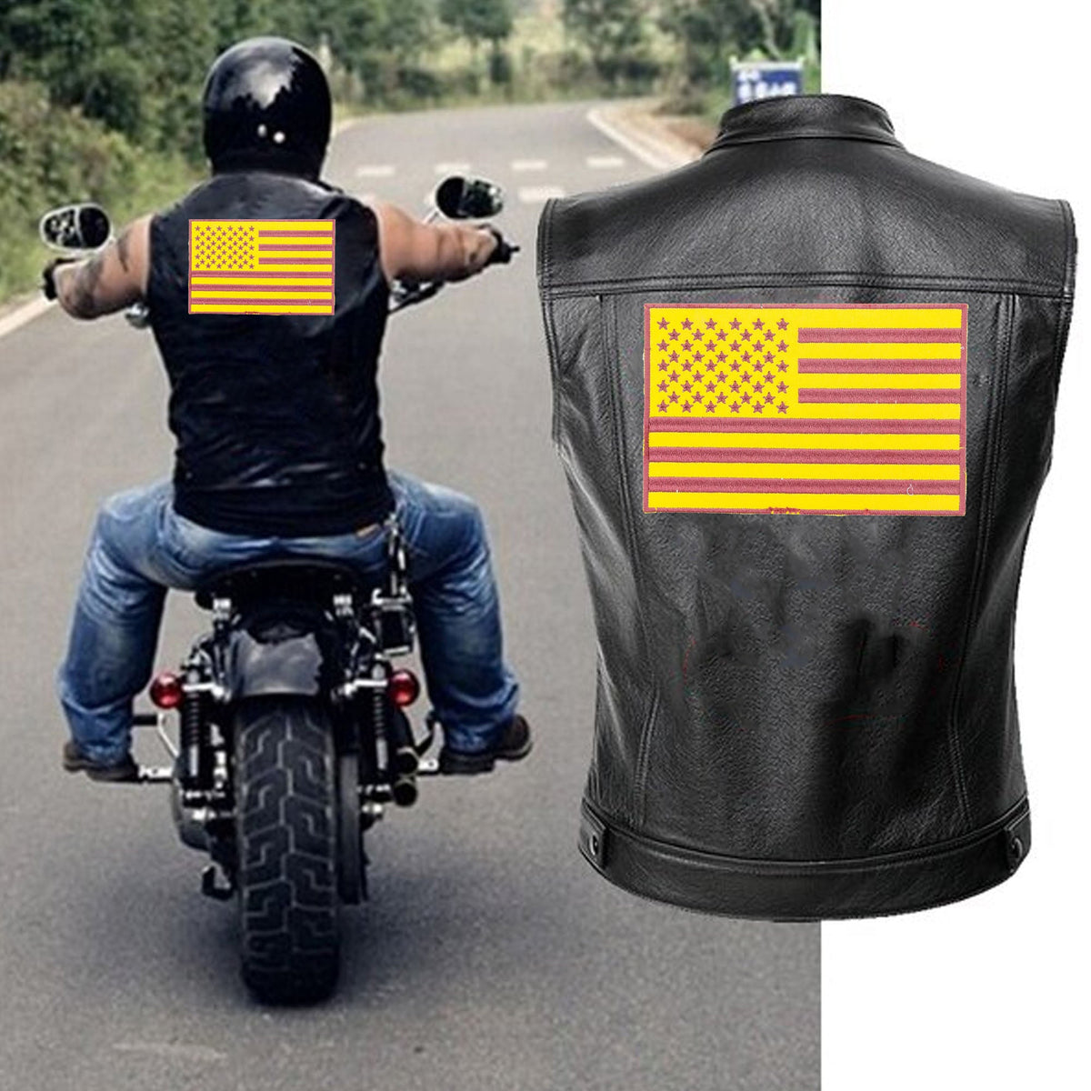 USA Flag Center Back Patch - Yellow on Brown USA Patriotic for Biker Vest Jacket