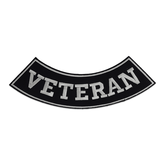 Veteran Bottom Rocker Patch - White on Black Iron On Sew On Large Back Patch Military for Biker Vest Jacket