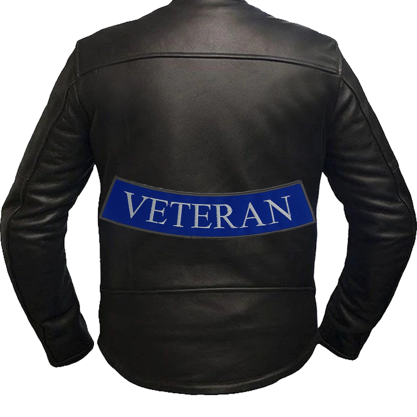 Veteran Bottom Rocker Patch - White on Blue Iron On Sew On Large Back Patch Military for Biker Vest Jacket