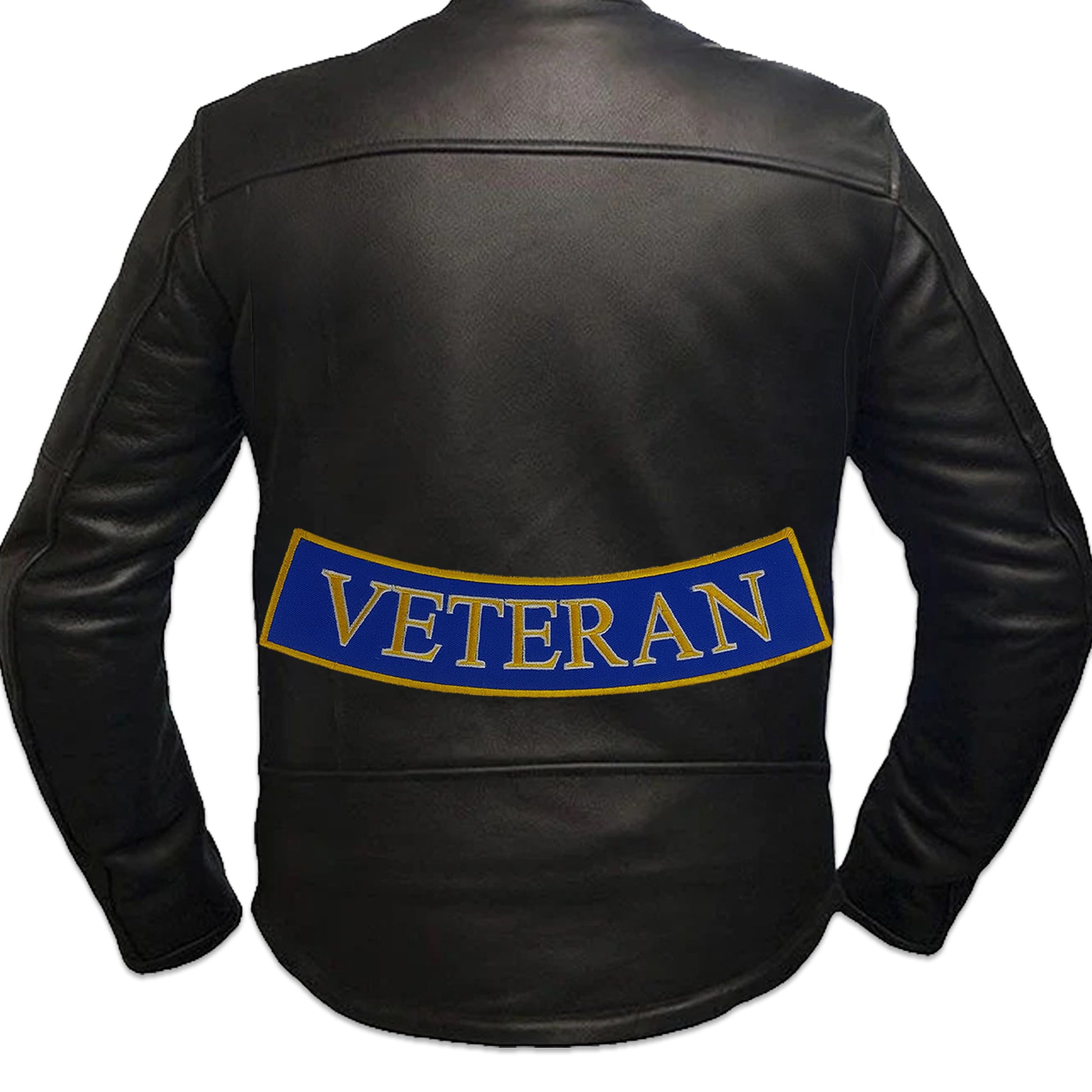 Veteran Bottom Rocker Patch - Yellow on Blue Iron On Sew On Large Back Patch Military for Biker Vest Jacket