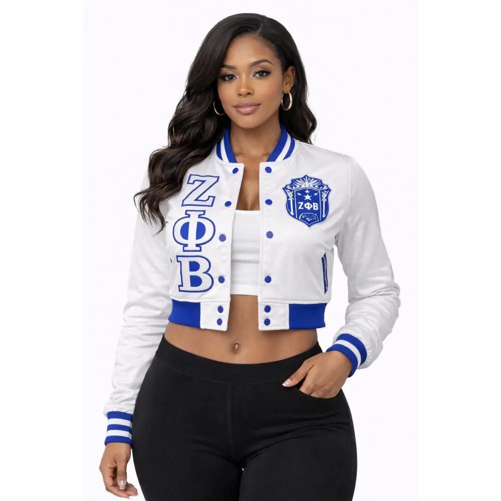 White Zeta Phi Beta Cropped Satin Bomber Jacket Personalized | Custom D9