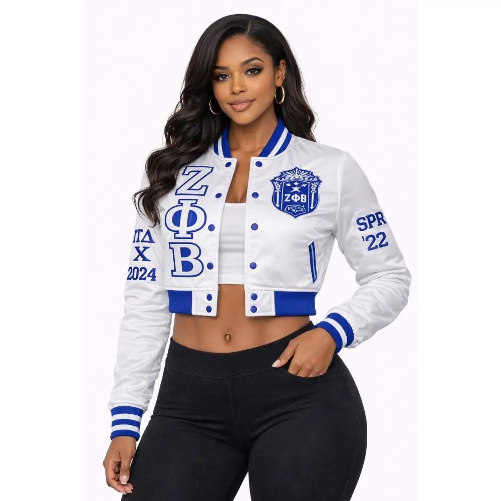 White Zeta Phi Beta Cropped Satin Bomber Jacket Personalized | Custom D9