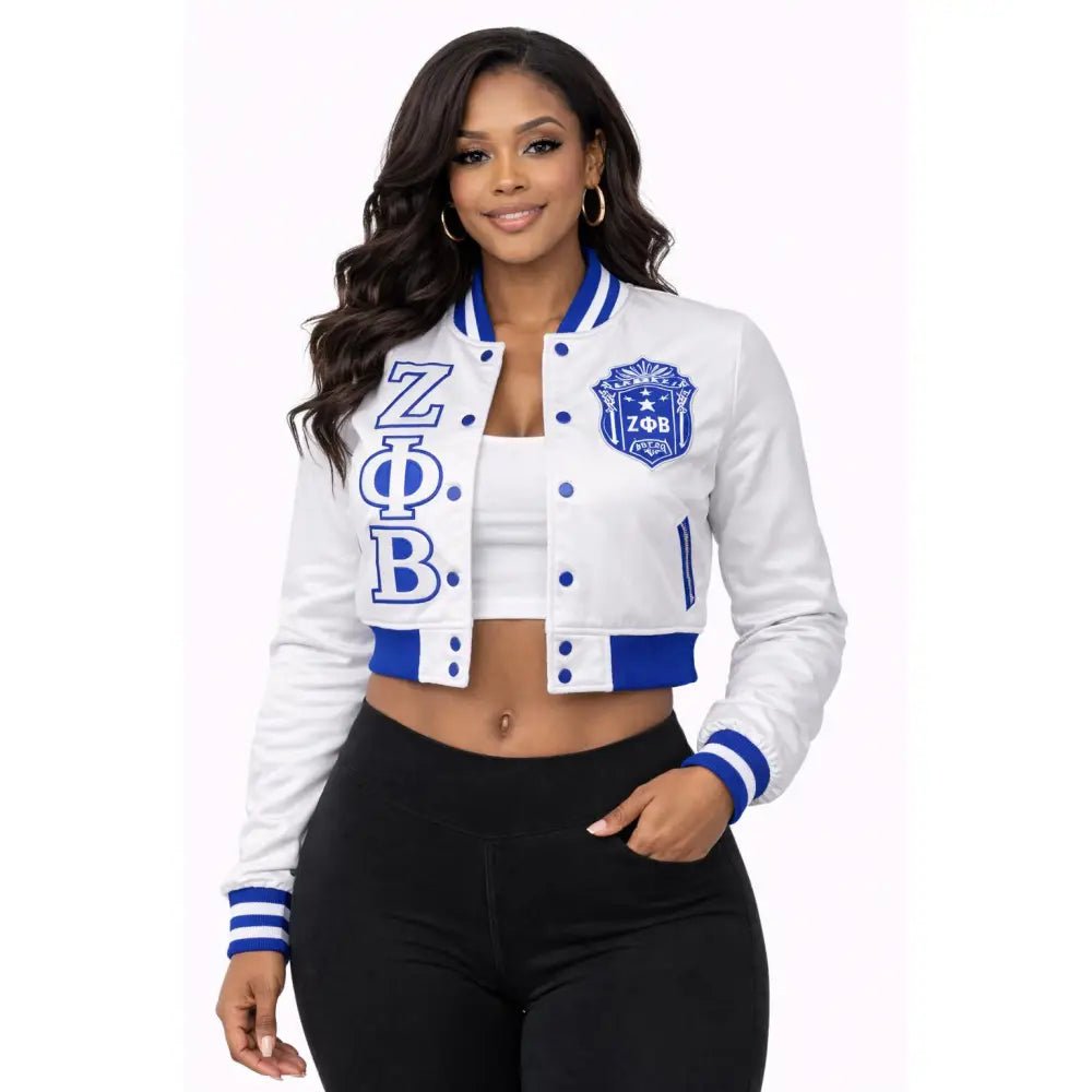 White Zeta Phi Beta Cropped Satin Bomber Jacket Personalized | Custom D9