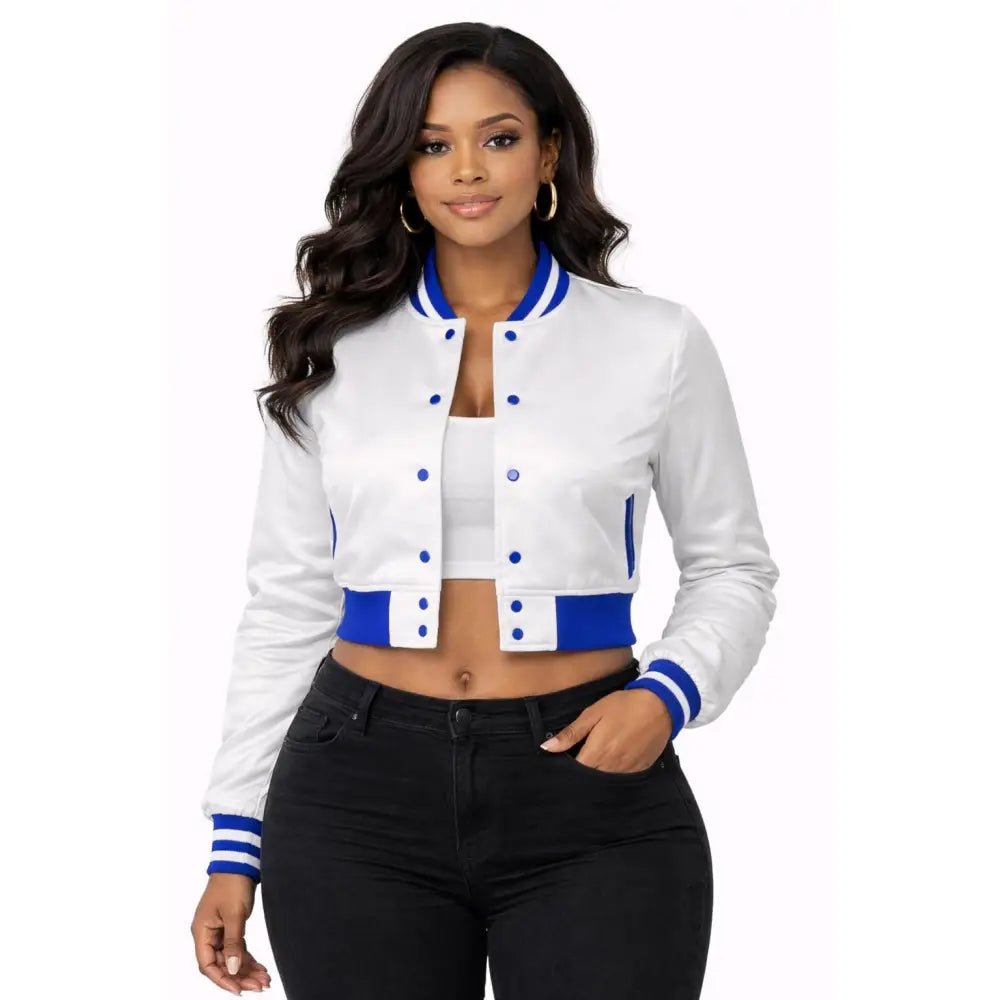 White Zeta Phi Beta Cropped Satin Bomber Jacket Personalized | Custom D9
