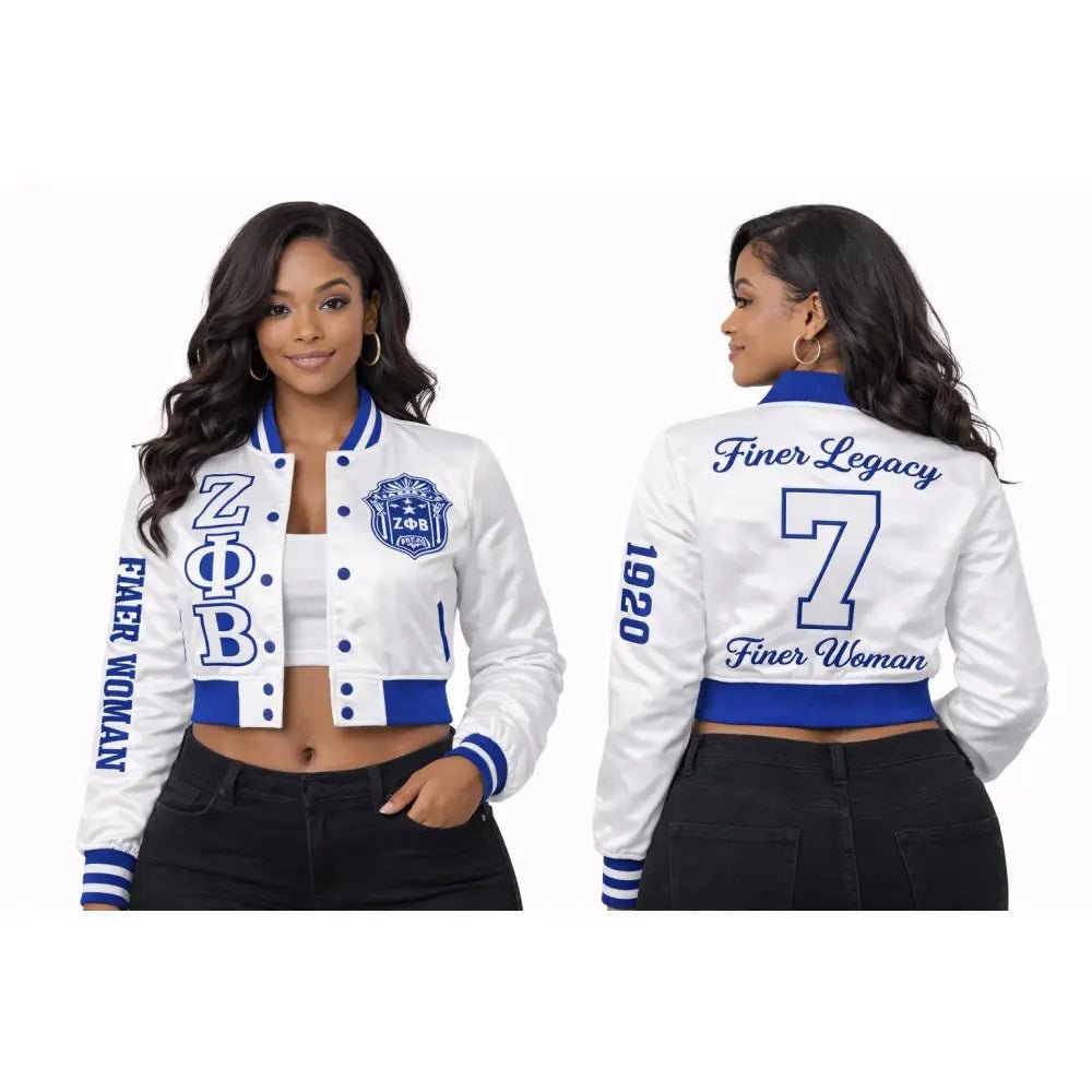 White Zeta Phi Beta Cropped Satin Bomber Jacket Personalized | Custom D9