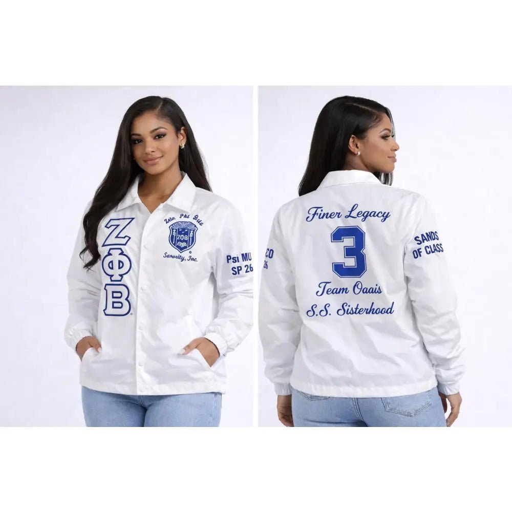 White Zeta Phi Beta Line Jacket, Custom Crossing Jacket, Personalized with you line Name Number Year Custom Sorority Initiation Windbreaker