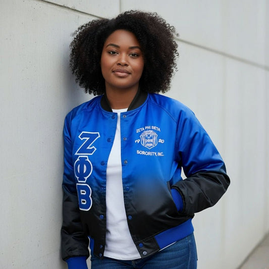 Zeta Phi Beta Black Faded Bomber Jacket - No Back Logo Sorority