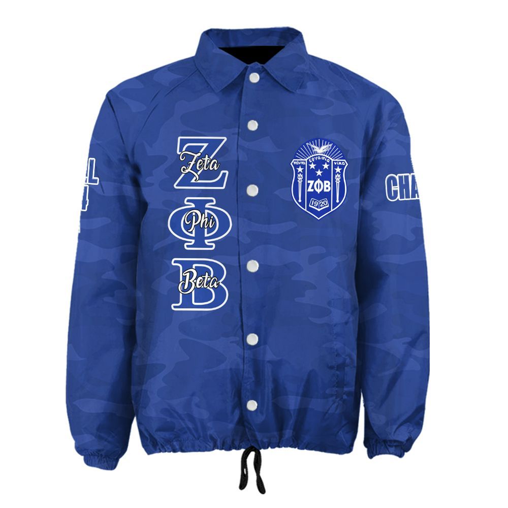 Zeta Phi Beta Blue Camo Coach Jacket – Custom Embroidered Greek Letter Jacket