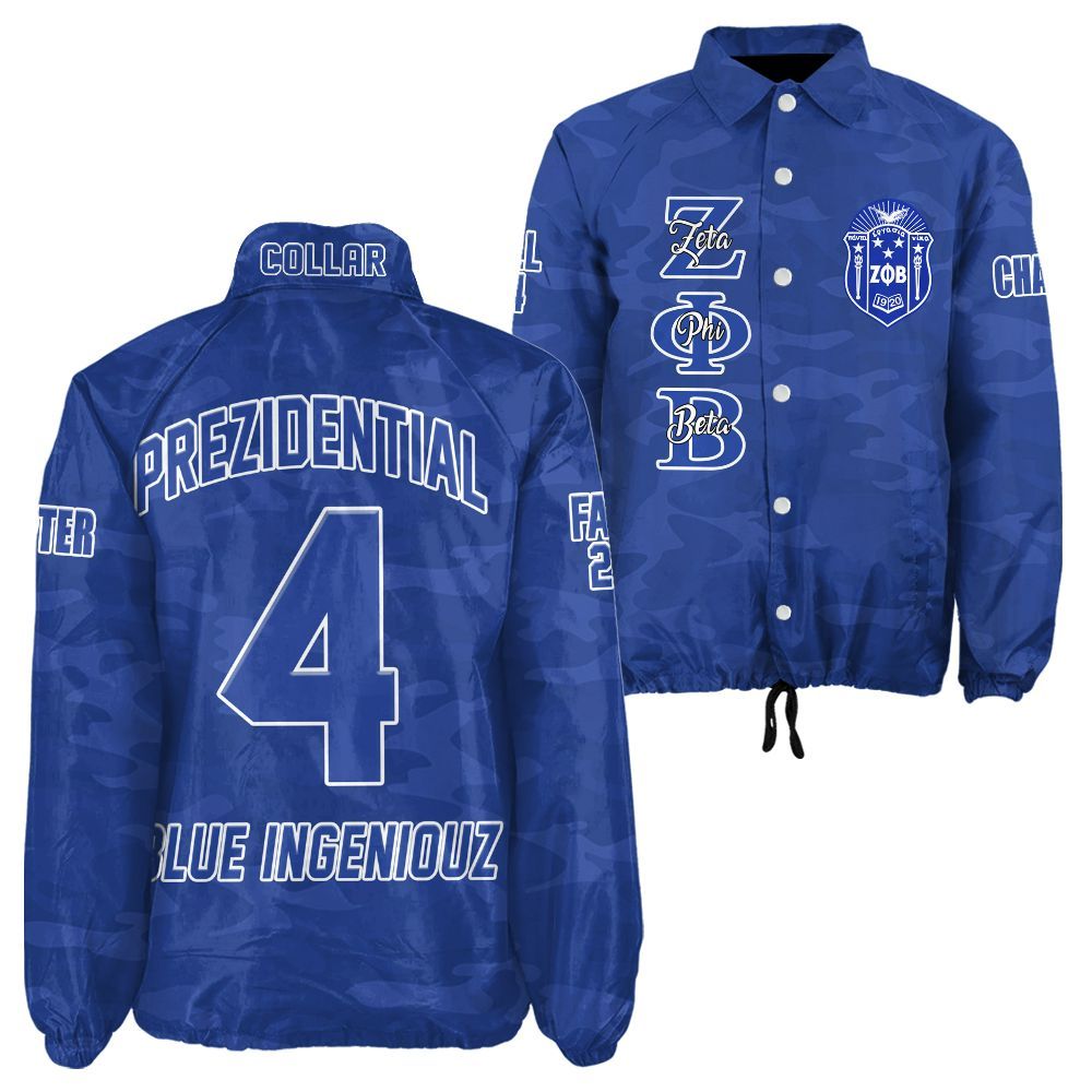 Zeta Phi Beta Blue Camo Coach Jacket – Custom Embroidered Greek Letter Jacket