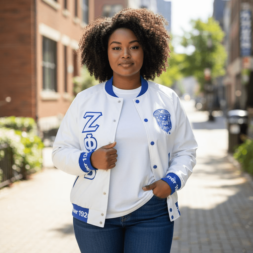 Zeta Phi Beta Bomber Jacket White Satin - Custom Ribbon & Lining Sorority