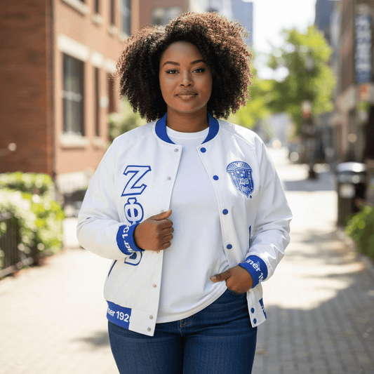 Zeta Phi Beta Bomber Jacket White Satin - Custom Ribbon & Lining Sorority