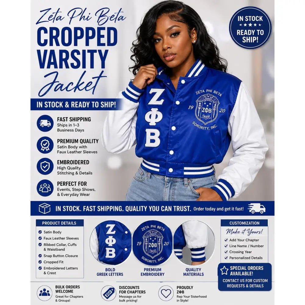 Zeta Phi Beta Cropped Varsity Jacket Satin Sorority Jacket Embroidered ZPB Crop Bomber Jacket Ready To Ship Fast Royal Blue with white arms