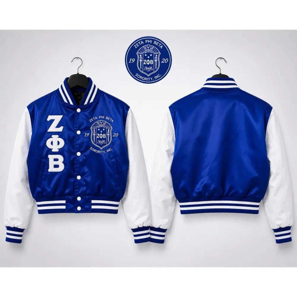 Zeta Phi Beta Cropped Varsity Jacket Satin Sorority Jacket Embroidered ZPB Crop Bomber Jacket Ready To Ship Fast Royal Blue with white arms