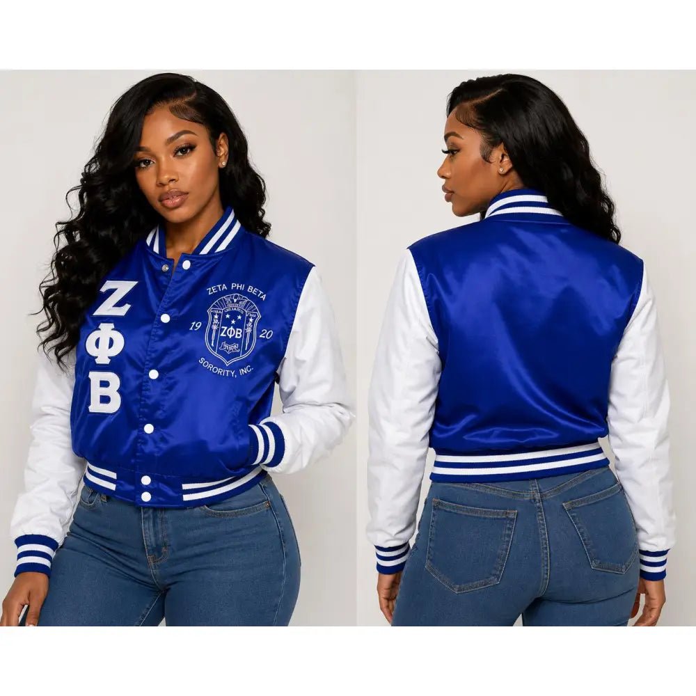 Zeta Phi Beta Cropped Varsity Jacket Satin Sorority Jacket Embroidered ZPB Crop Bomber Jacket Ready To Ship Fast Royal Blue with white arms
