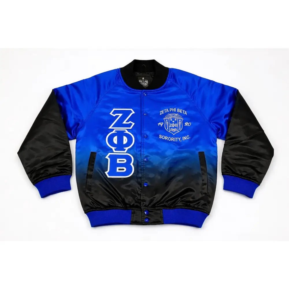 Zeta Phi Beta Faded Satin Bomber Jacket Blue Black Ombré Custom Sorority Jacket Personalized Greek Letter